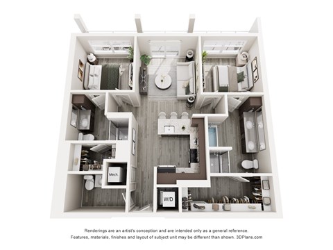 Floor plan for 2 beds, 2 baths, 1000 sqft